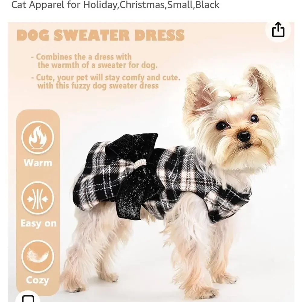 Yikeyo Black Plaid Dog Dress with Bling Bow Small Soft Warm Size Small